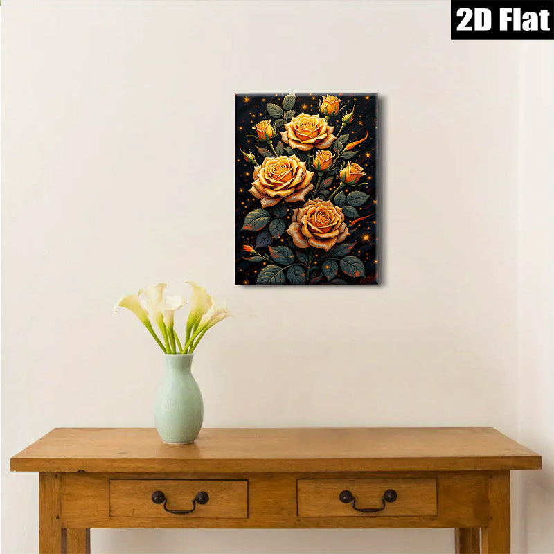 2D flat 1pc Blooming Golden Roses Floral Wall Art Canvas Prints for Living Room Bedroom Home Decor farmhouse style modern gallery wrapped ready to hang