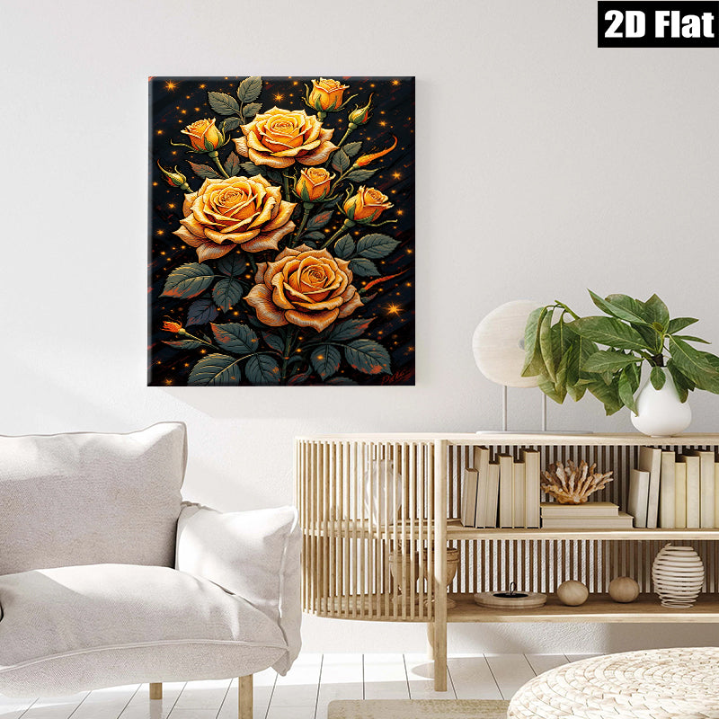 2D flat 1pc Blooming Golden Roses Floral Wall Art Canvas Prints for Living Room Bedroom Home Decor farmhouse style modern gallery wrapped ready to hang