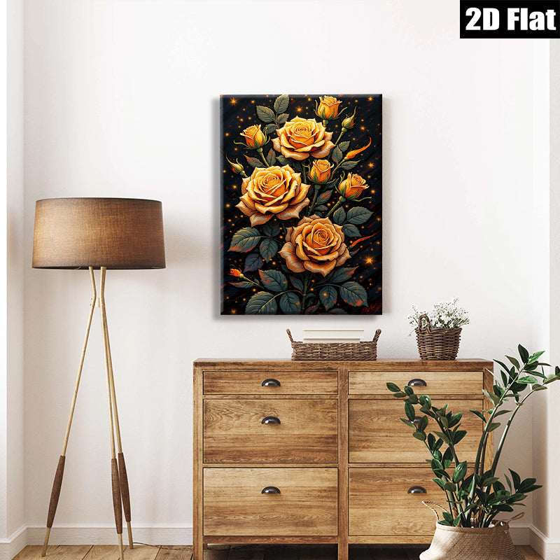 2D flat 1pc Blooming Golden Roses Floral Wall Art Canvas Prints for Living Room Bedroom Home Decor farmhouse style modern gallery wrapped ready to hang