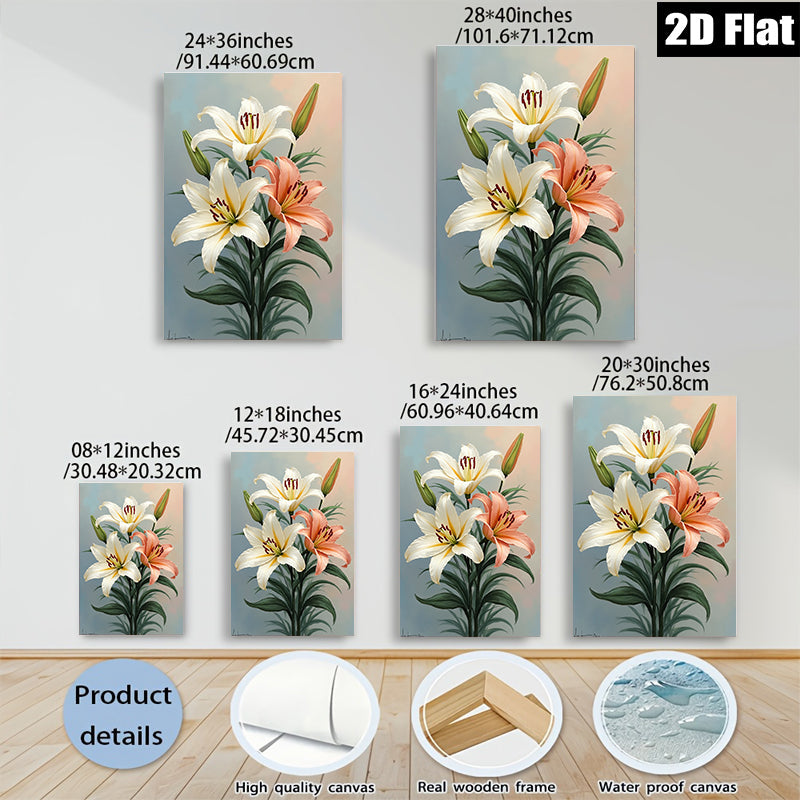 2D flat 1pc Blooming Lily Floral Wall Art Canvas Prints Botanical Home Decor Living Room Bedroom Modern Farmhouse Style Gallery Wrapped Ready to Hang