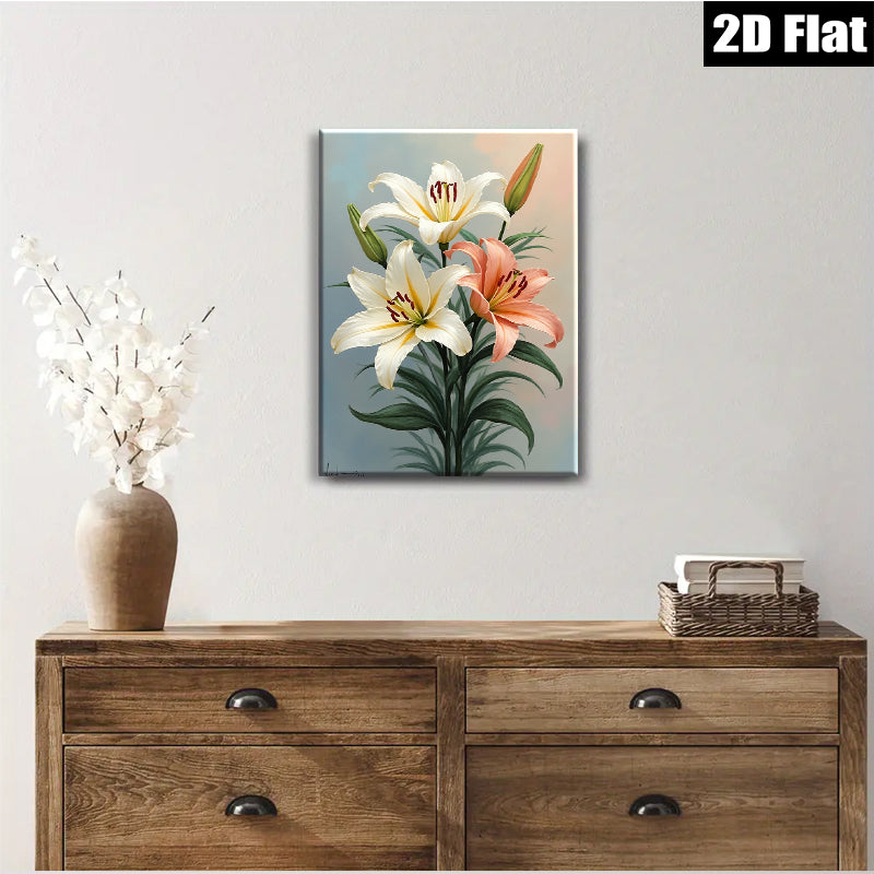 2D flat 1pc Blooming Lily Floral Wall Art Canvas Prints Botanical Home Decor Living Room Bedroom Modern Farmhouse Style Gallery Wrapped Ready to Hang