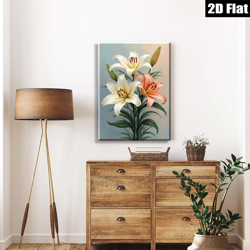 2D flat 1pc Blooming Lily Floral Wall Art Canvas Prints Botanical Home Decor Living Room Bedroom Modern Farmhouse Style Gallery Wrapped Ready to Hang
