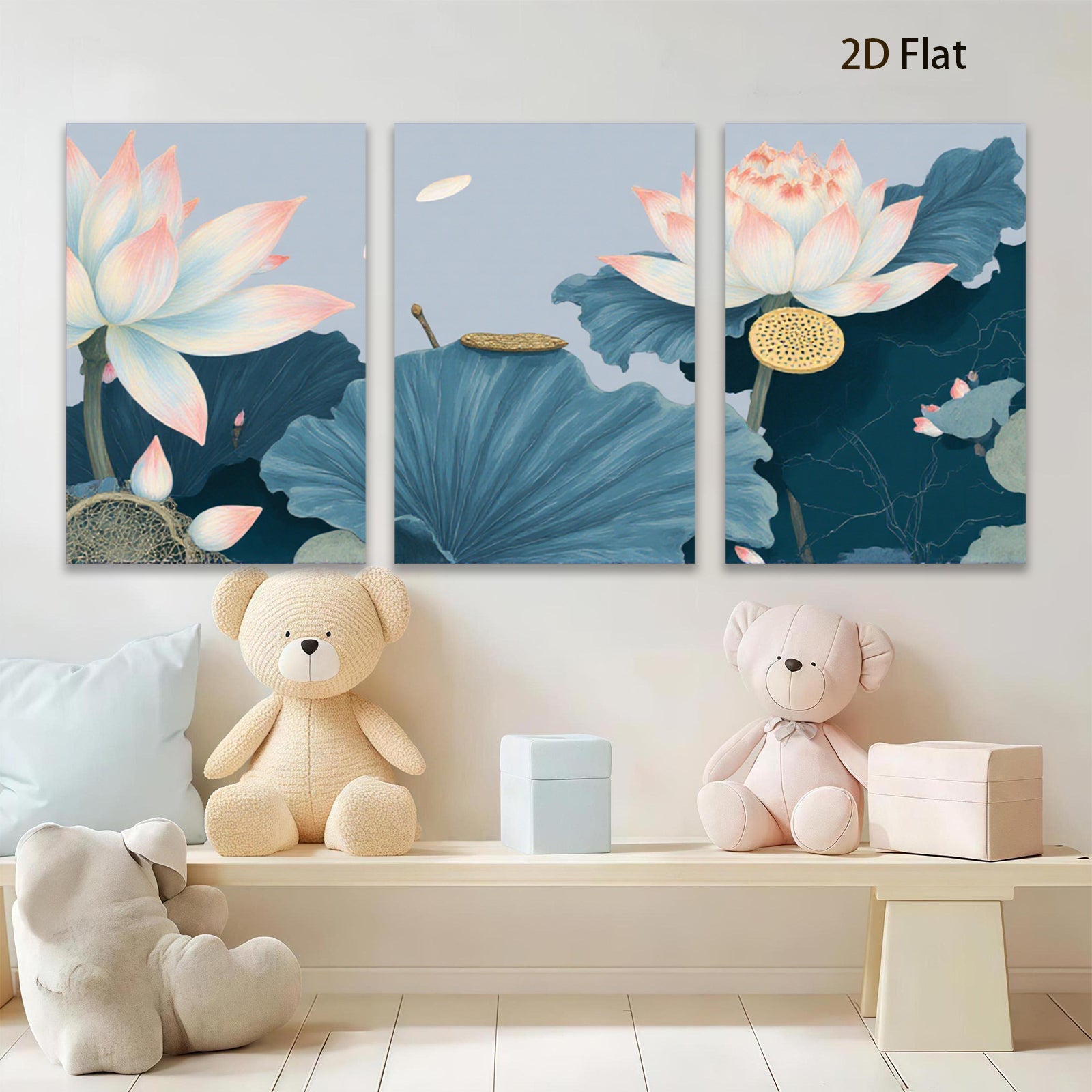 2D flat 1pc Blooming Lotus Pond Floral Wall Art Botanical Prints Home Decor Living Room Bedroom Canvas Painting Modern Farmhouse Aesthetic Gallery Wrapped Ready to Hang
