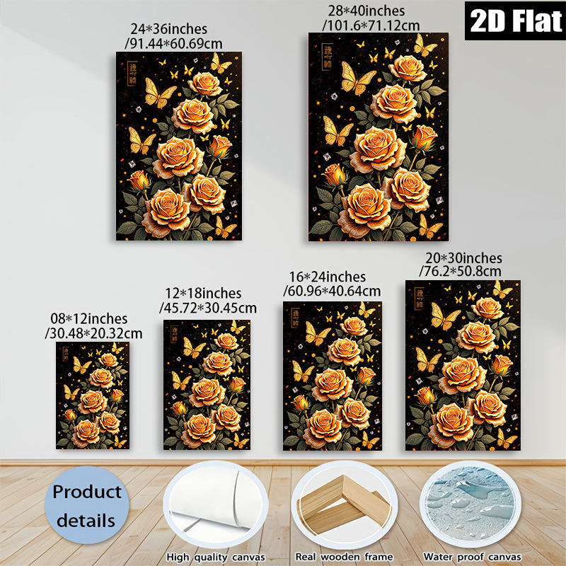 2D flat 1pc Blooming Orange Roses with Butterflies Wall Art Decor for Living Room Bedroom Gallery Wrapped Canvas Prints Modern Farmhouse Style Home D��cor Cozy Aesthetic