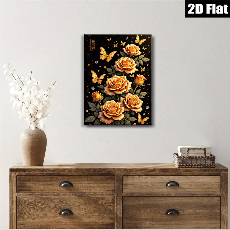 2D flat 1pc Blooming Orange Roses with Butterflies Wall Art Decor for Living Room Bedroom Gallery Wrapped Canvas Prints Modern Farmhouse Style Home D��cor Cozy Aesthetic