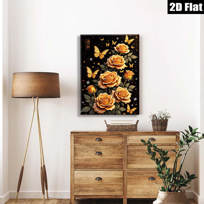 2D flat 1pc Blooming Orange Roses with Butterflies Wall Art Decor for Living Room Bedroom Gallery Wrapped Canvas Prints Modern Farmhouse Style Home D��cor Cozy Aesthetic