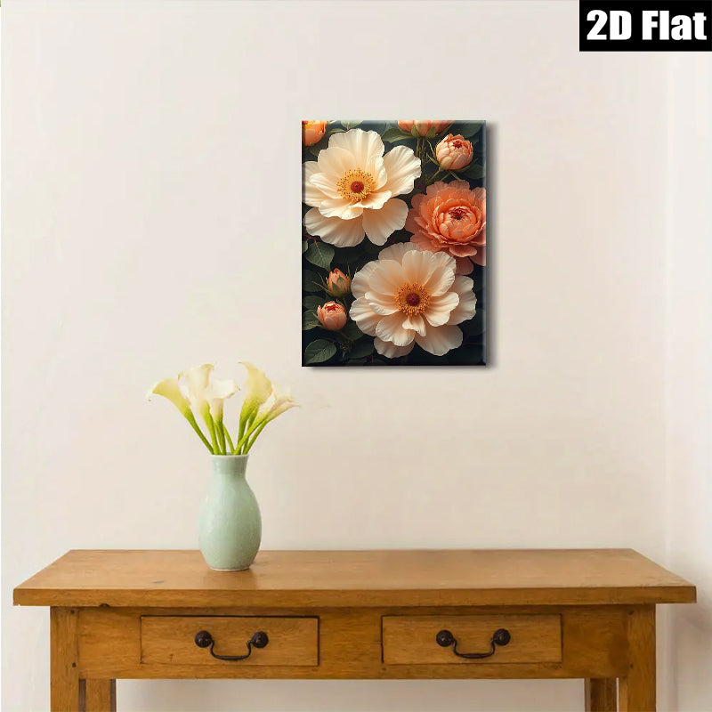 2D flat 1pc Blooming Peach Roses Floral Wall Art Living Room Bedroom Decor Gallery Wrapped Canvas Prints Modern Farmhouse Style Cozy Home Aesthetic