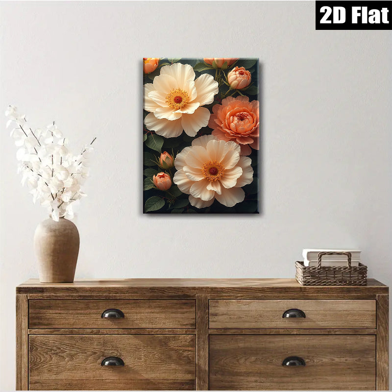 2D flat 1pc Blooming Peach Roses Floral Wall Art Living Room Bedroom Decor Gallery Wrapped Canvas Prints Modern Farmhouse Style Cozy Home Aesthetic