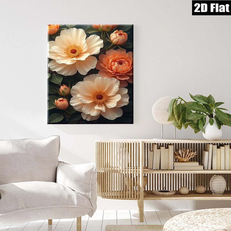 2D flat 1pc Blooming Peach Roses Floral Wall Art Living Room Bedroom Decor Gallery Wrapped Canvas Prints Modern Farmhouse Style Cozy Home Aesthetic