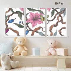2D flat 1pc Blooming Pink Lilies with Blue Beetles Botanical Wall Art for Living Room Bedroom Home Decor Farmhouse Style Canvas Prints