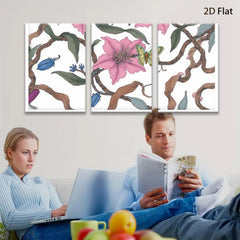 2D flat 1pc Blooming Pink Lilies with Blue Beetles Botanical Wall Art for Living Room Bedroom Home Decor Farmhouse Style Canvas Prints