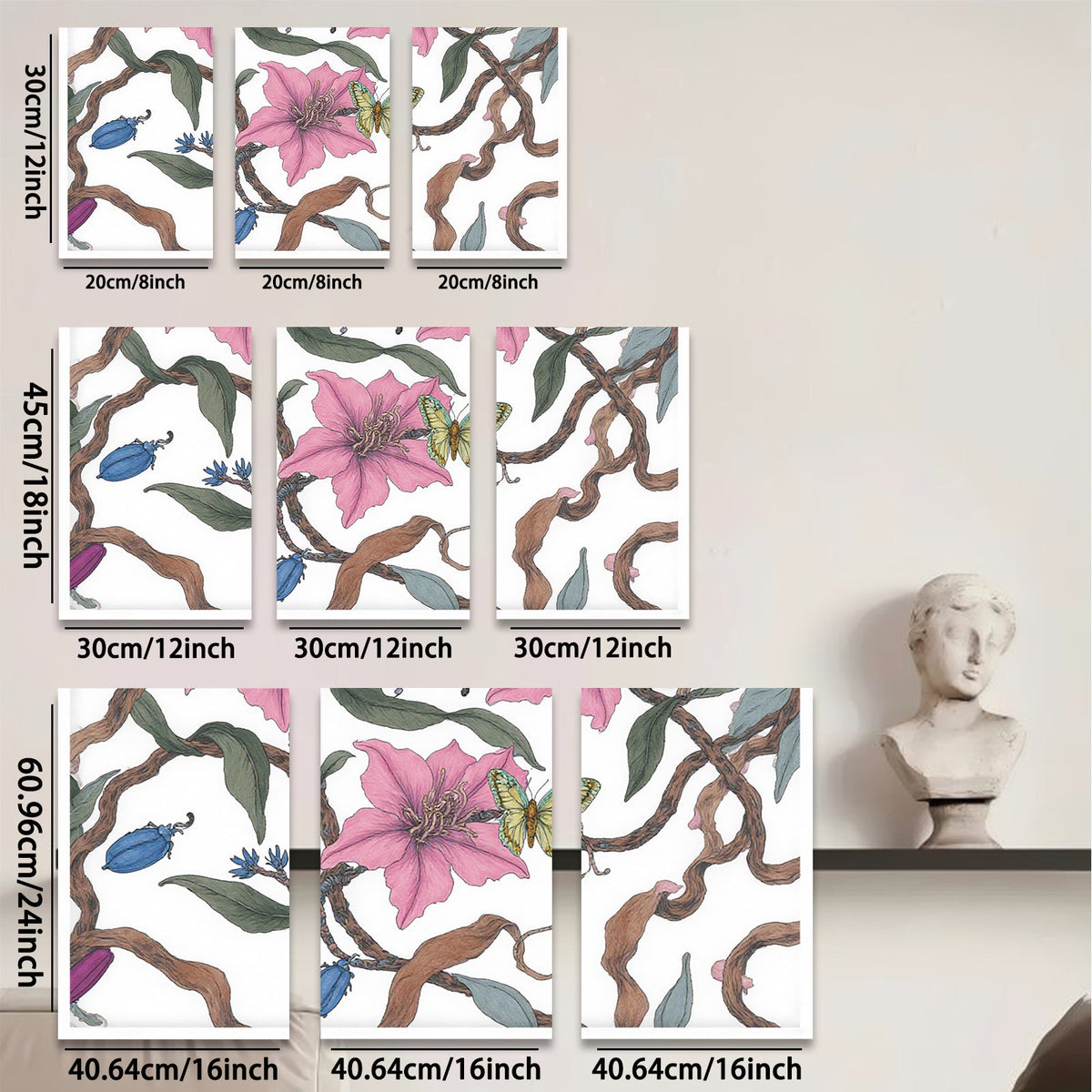 2D flat 1pc Blooming Pink Lilies with Blue Beetles Botanical Wall Art for Living Room Bedroom Home Decor Farmhouse Style Canvas Prints