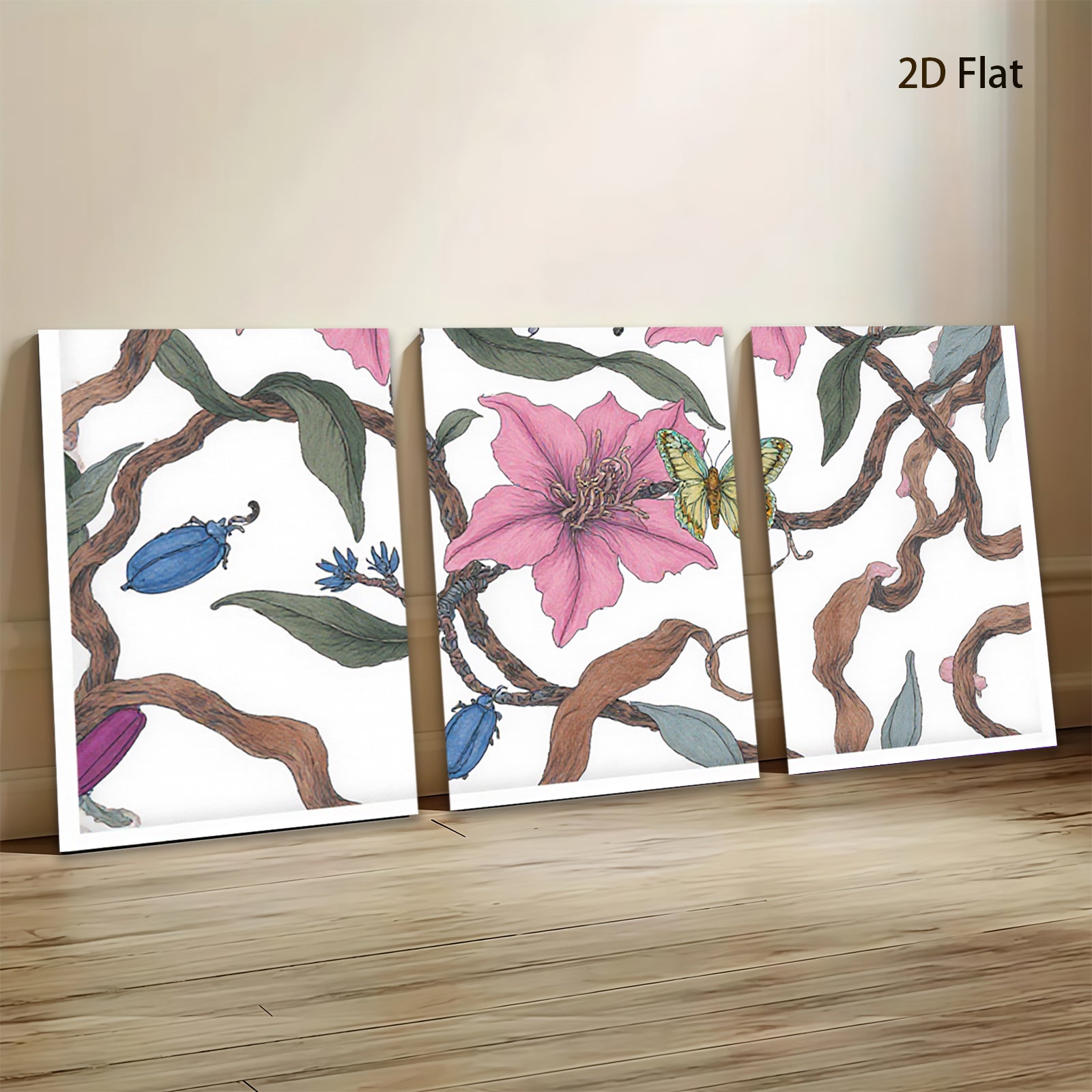 2D flat 1pc Blooming Pink Lilies with Blue Beetles Botanical Wall Art for Living Room Bedroom Home Decor Farmhouse Style Canvas Prints