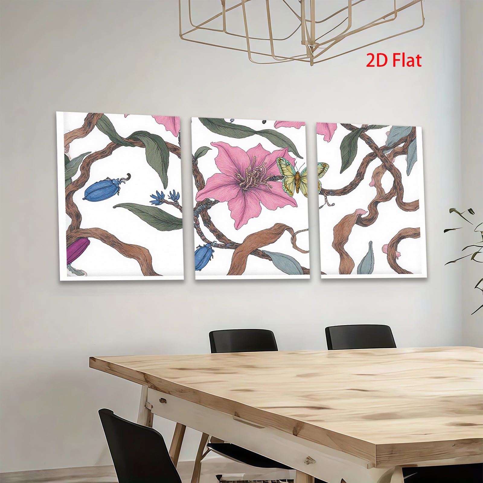2D flat 1pc Blooming Pink Lilies with Blue Beetles Botanical Wall Art for Living Room Bedroom Home Decor Farmhouse Style Canvas Prints