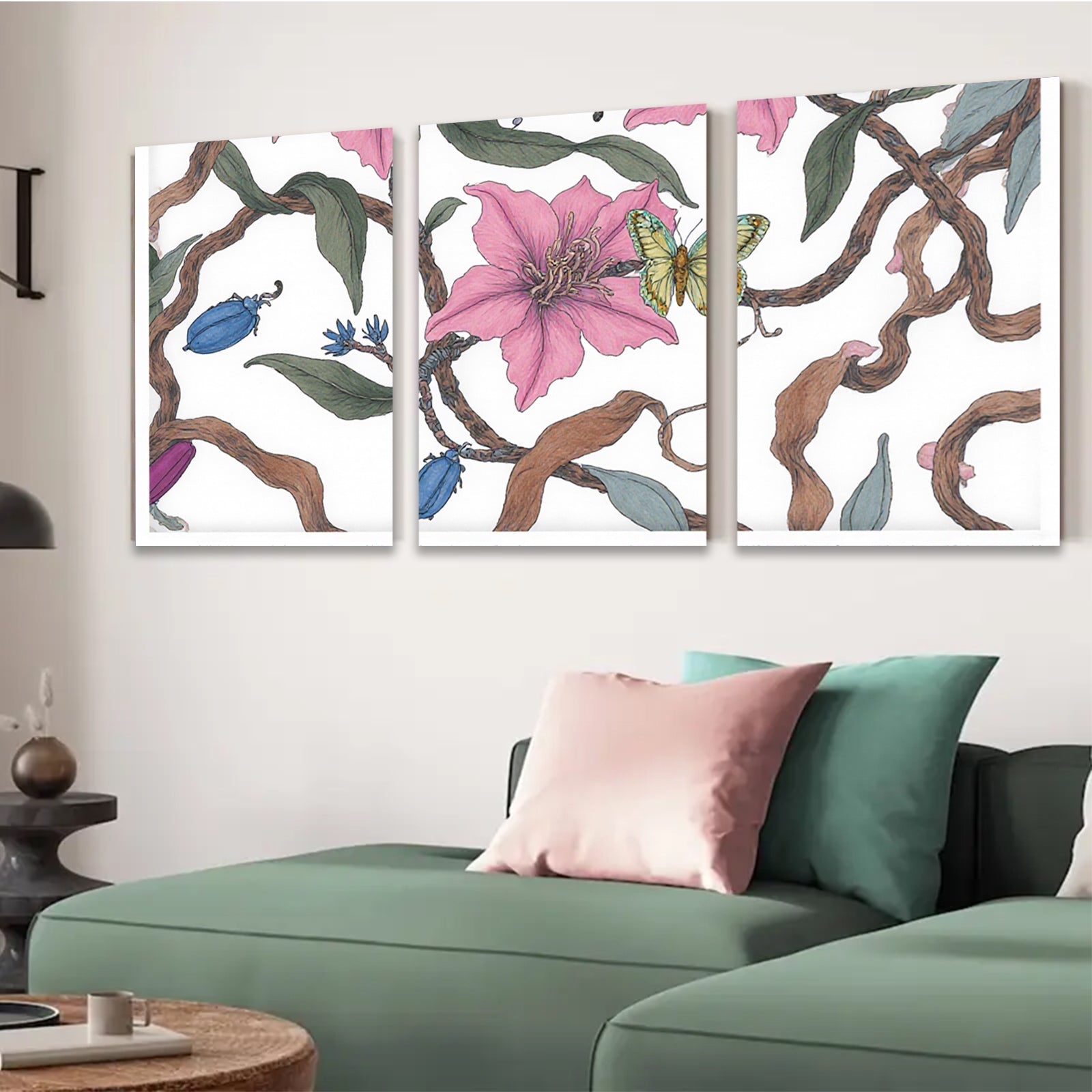 2D flat 1pc Blooming Pink Lilies with Blue Beetles Botanical Wall Art for Living Room Bedroom Home Decor Farmhouse Style Canvas Prints