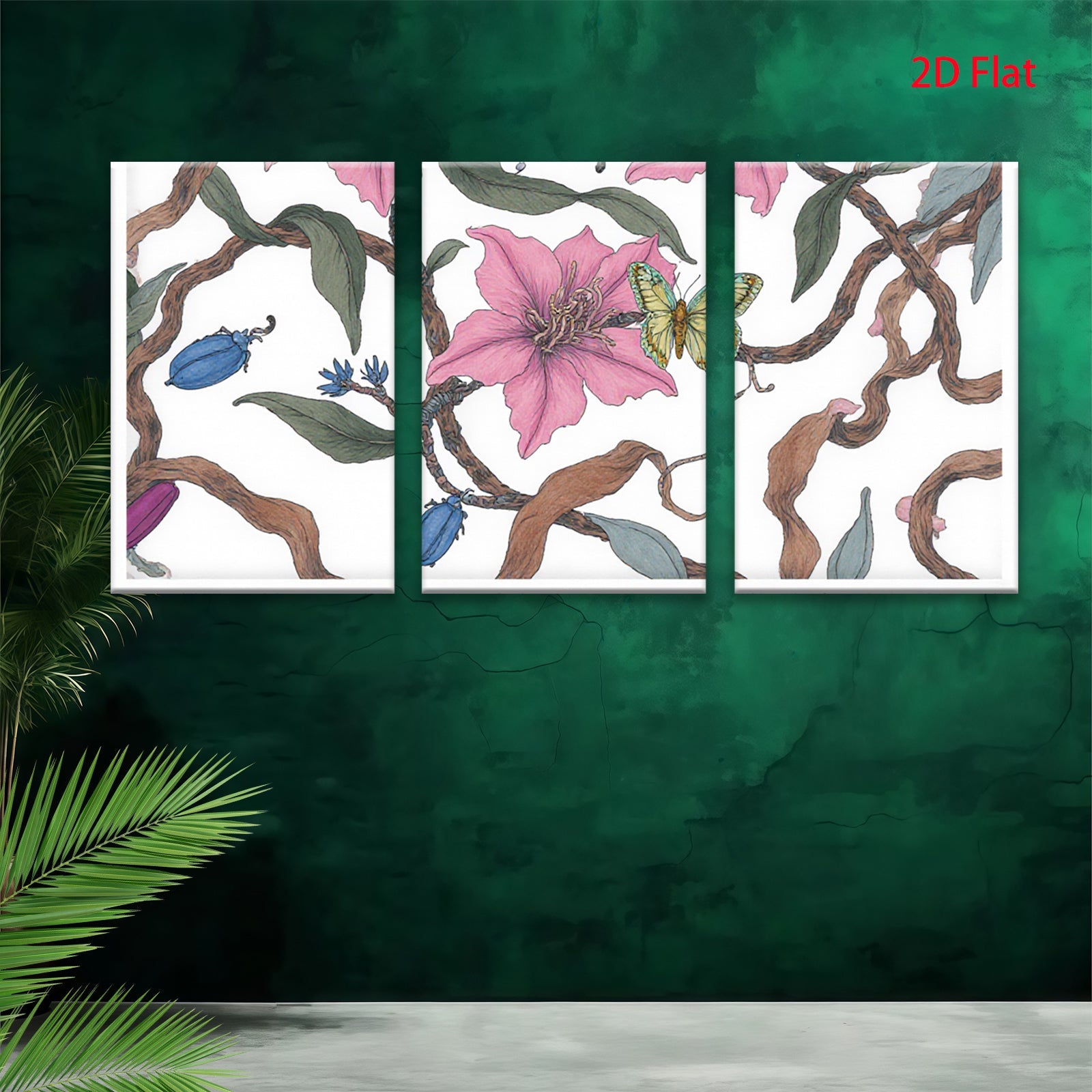 2D flat 1pc Blooming Pink Lilies with Blue Beetles Botanical Wall Art for Living Room Bedroom Home Decor Farmhouse Style Canvas Prints