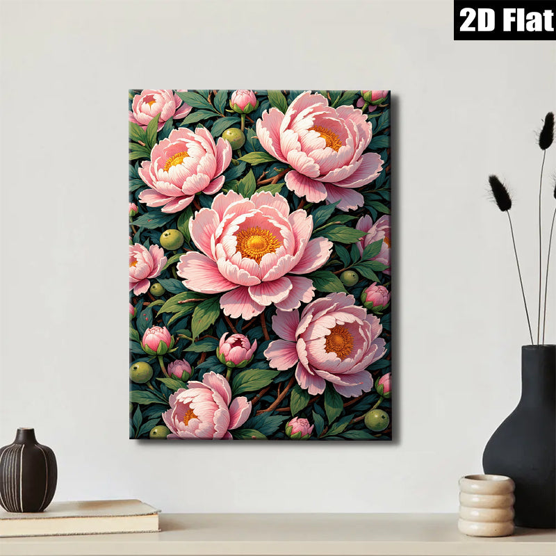 2D flat 1pc Blooming Pink Peonies Floral Garden Wall Art Canvas Prints for Living Room Bedroom Home Decor farmhouse style modern minimalist gallery wrapped