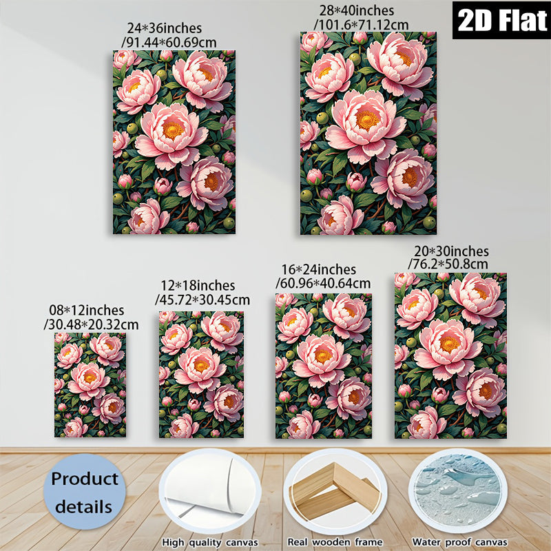 2D flat 1pc Blooming Pink Peonies Floral Garden Wall Art Canvas Prints for Living Room Bedroom Home Decor farmhouse style modern minimalist gallery wrapped
