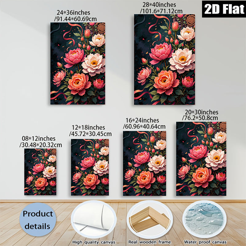 2D flat 1pc Blooming Pink Peonies Floral Wall Art Canvas Prints for Living Room Bedroom Decor Farmhouse Style Gallery Wrapped Ready to Hang