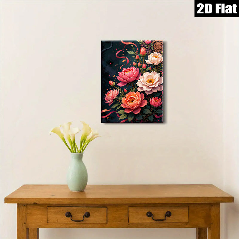 2D flat 1pc Blooming Pink Peonies Floral Wall Art Canvas Prints for Living Room Bedroom Decor Farmhouse Style Gallery Wrapped Ready to Hang