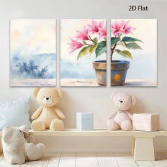 2D flat 1pc Blooming Pink Potted Flowers Botanical Wall Art Living Room Bedroom Home Decor Farmhouse Style Gallery Wrapped Canvas Prints Ready to Hang