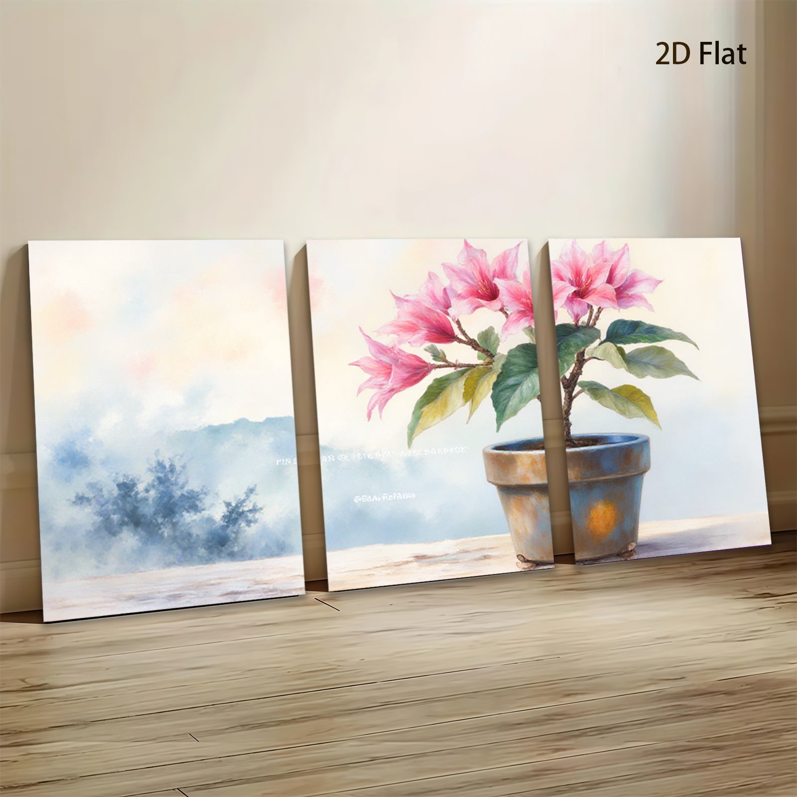 2D flat 1pc Blooming Pink Potted Flowers Botanical Wall Art Living Room Bedroom Home Decor Farmhouse Style Gallery Wrapped Canvas Prints Ready to Hang