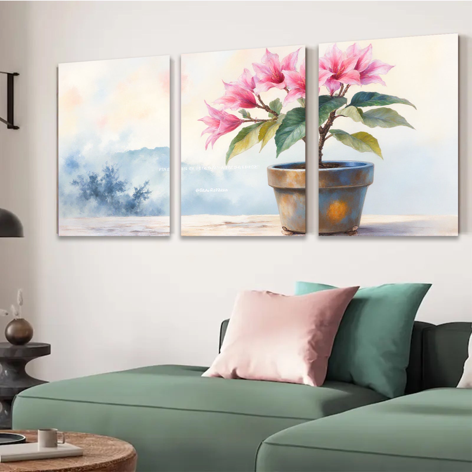 2D flat 1pc Blooming Pink Potted Flowers Botanical Wall Art Living Room Bedroom Home Decor Farmhouse Style Gallery Wrapped Canvas Prints Ready to Hang