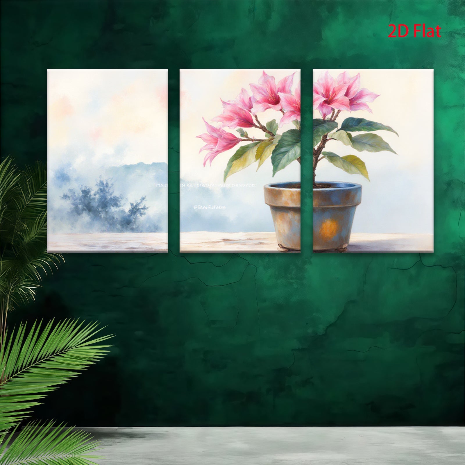 2D flat 1pc Blooming Pink Potted Flowers Botanical Wall Art Living Room Bedroom Home Decor Farmhouse Style Gallery Wrapped Canvas Prints Ready to Hang
