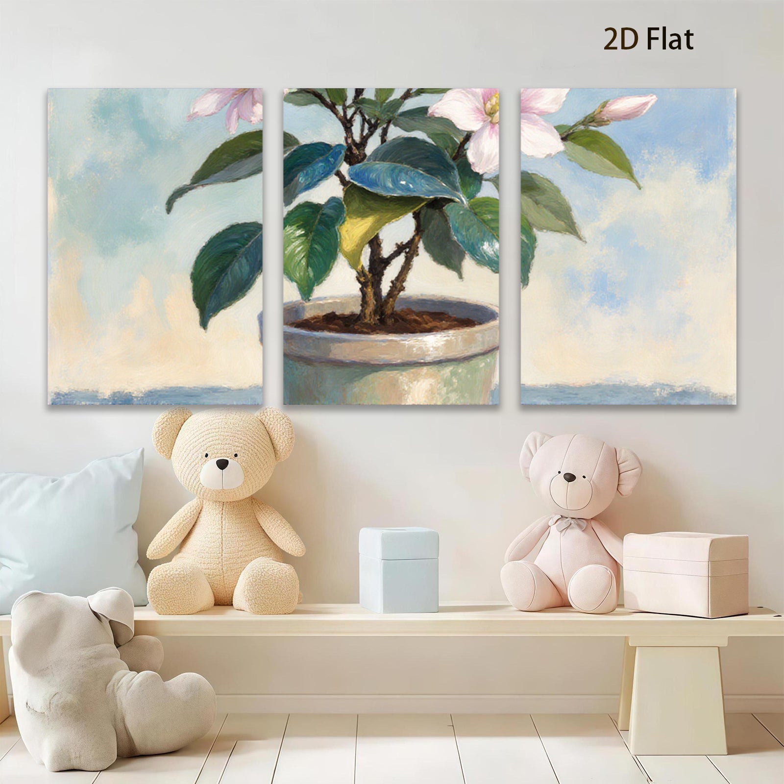 2D flat 1pc Blooming Potted Camellia Floral Still Life Wall Art Home Decor Living Room Bedroom Bathroom Gallery Wrapped Canvas Prints Modern Farmhouse Style