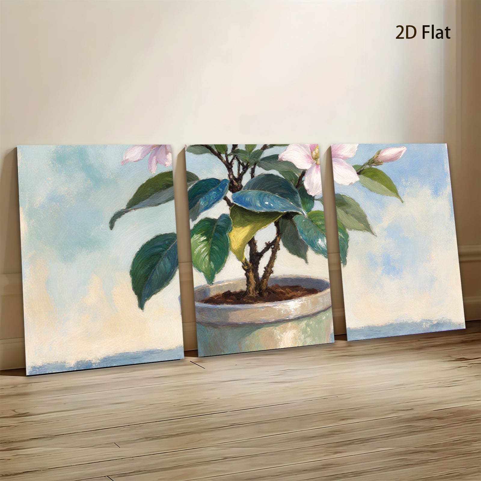2D flat 1pc Blooming Potted Camellia Floral Still Life Wall Art Home Decor Living Room Bedroom Bathroom Gallery Wrapped Canvas Prints Modern Farmhouse Style