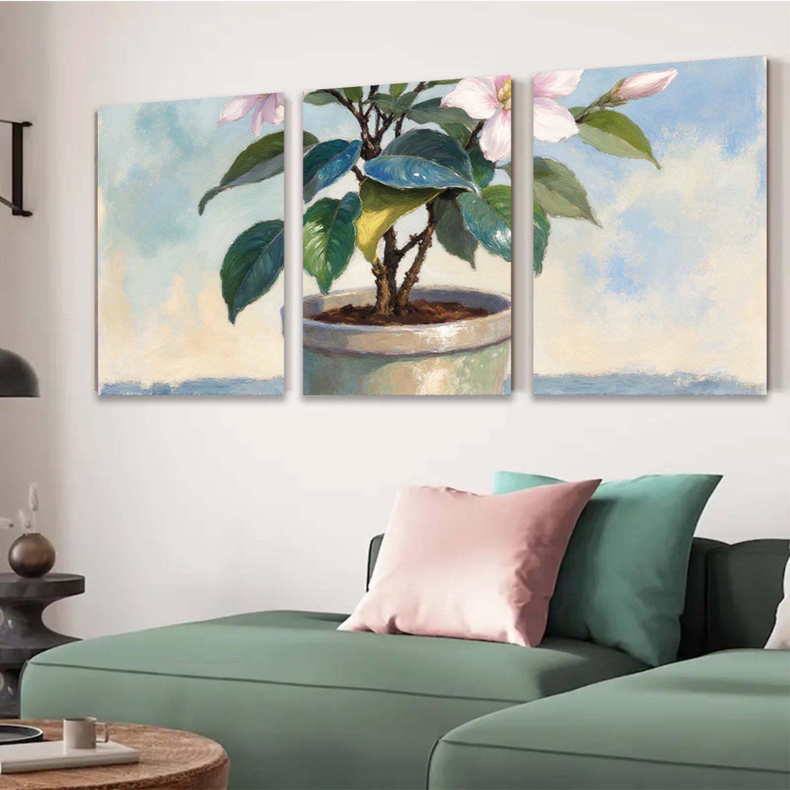 2D flat 1pc Blooming Potted Camellia Floral Still Life Wall Art Home Decor Living Room Bedroom Bathroom Gallery Wrapped Canvas Prints Modern Farmhouse Style