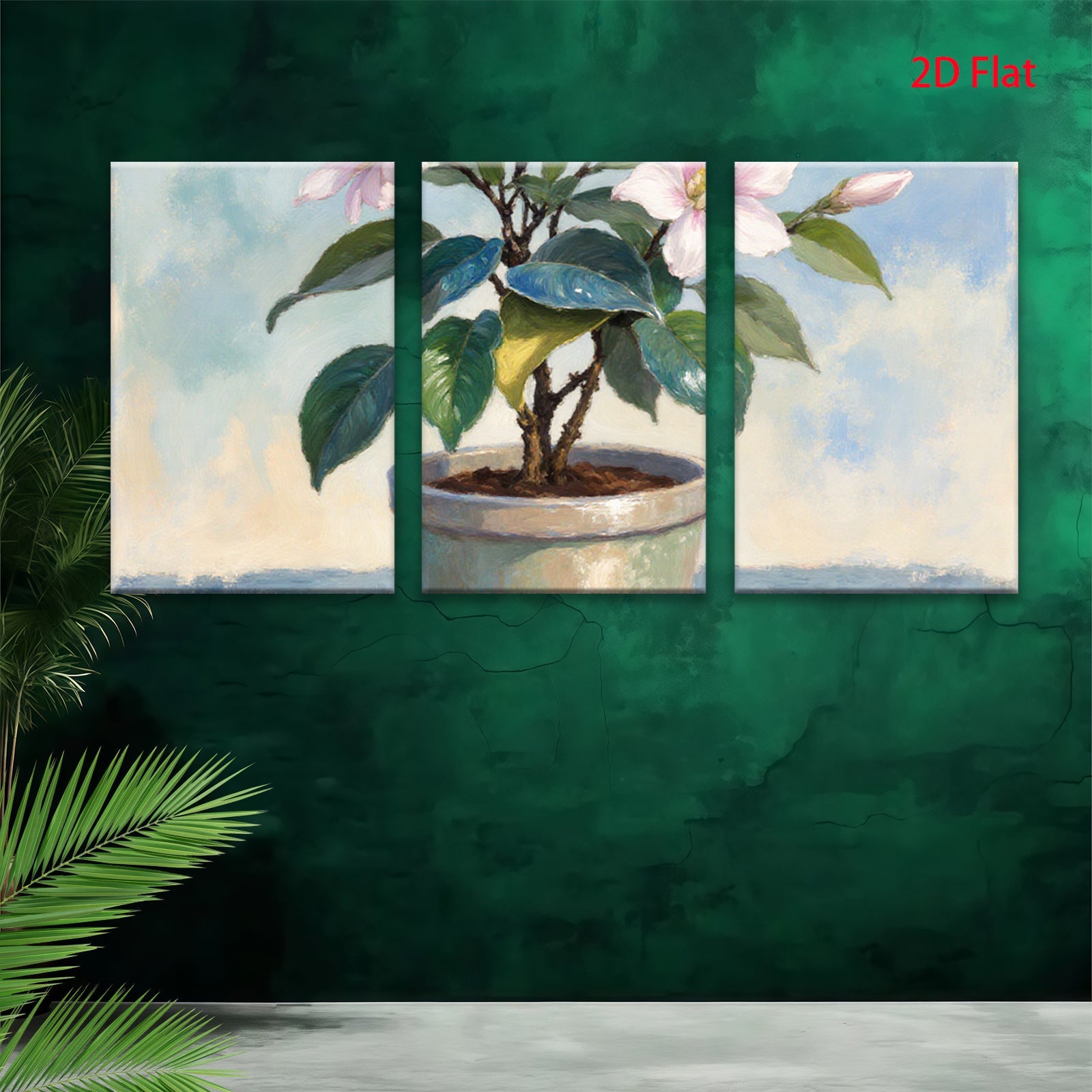 2D flat 1pc Blooming Potted Camellia Floral Still Life Wall Art Home Decor Living Room Bedroom Bathroom Gallery Wrapped Canvas Prints Modern Farmhouse Style