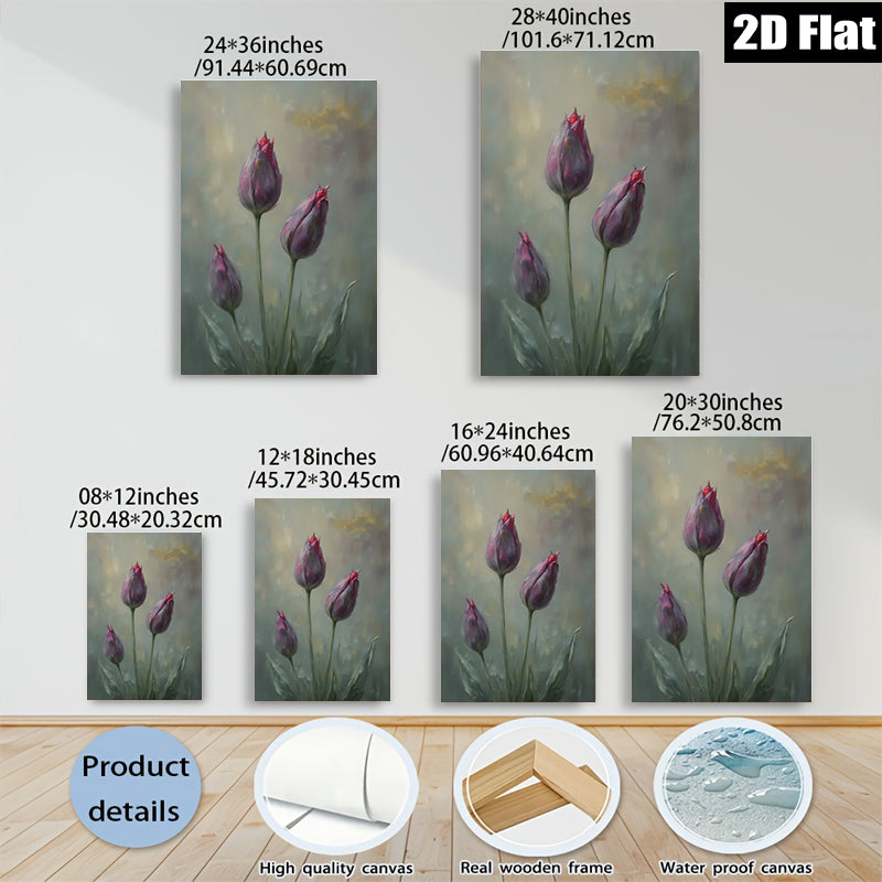 2D flat 1pc Blooming Purple Tulips Botanical Wall Art Living Room Bedroom Home Decor Modern Farmhouse Style Canvas Prints Ready to Hang Gallery Wrapped Artwork