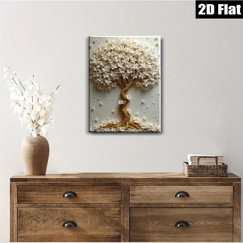 2D flat 1pc Blooming White Floral Tree Wall Art Decor for Living Room Bedroom Modern Farmhouse Gallery Wrapped Canvas Prints Chic Home Accents