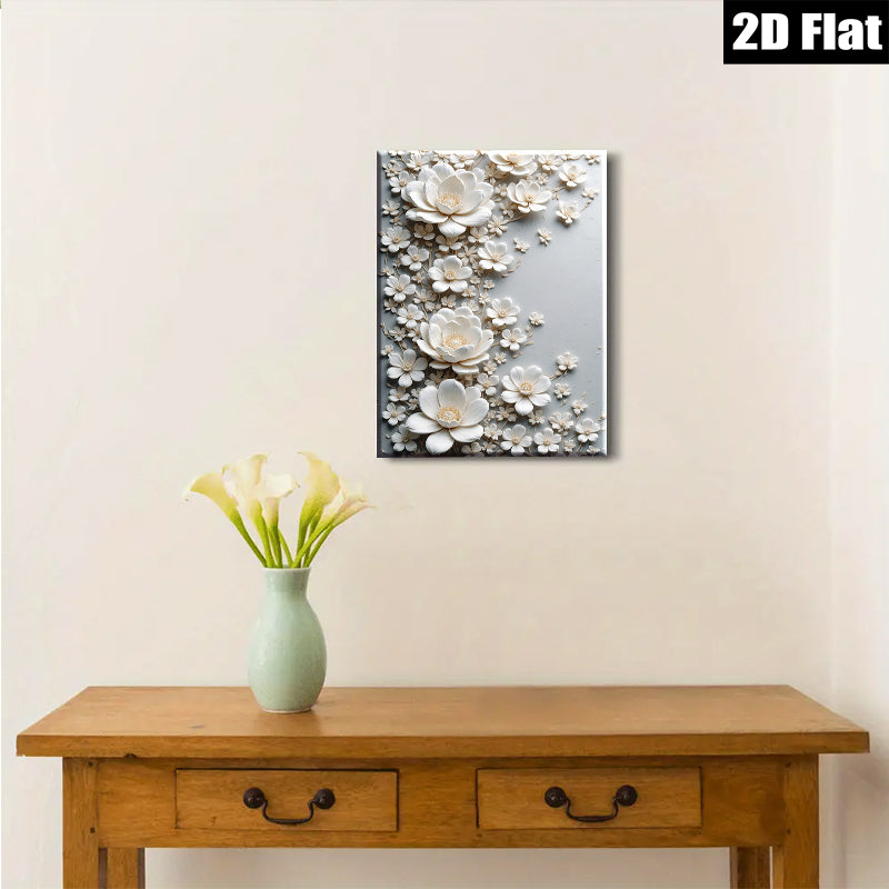 2D flat 1pc Blooming White Floral Wall Art Canvas Picture for Living Room Bedroom Home Decor Modern Farmhouse Style Gallery Wrapped Timeless Elegance