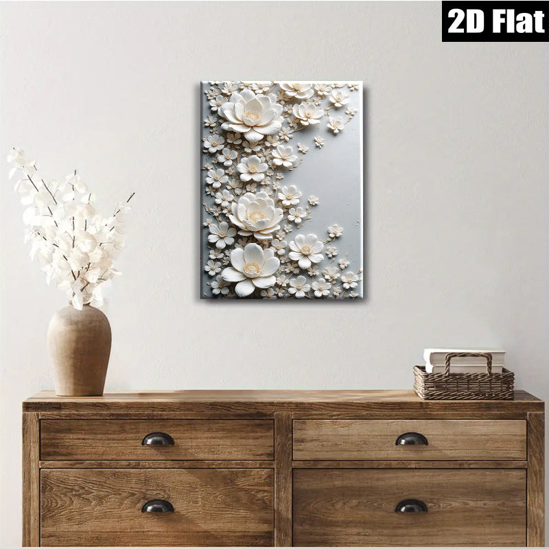 2D flat 1pc Blooming White Floral Wall Art Canvas Picture for Living Room Bedroom Home Decor Modern Farmhouse Style Gallery Wrapped Timeless Elegance