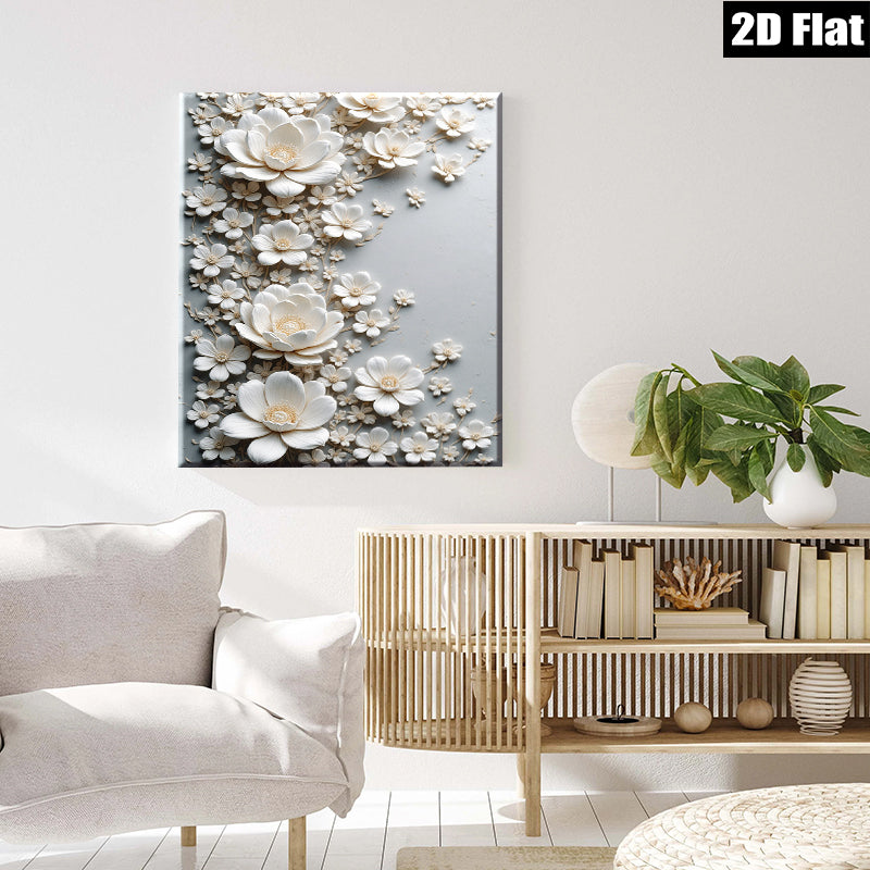 2D flat 1pc Blooming White Floral Wall Art Canvas Picture for Living Room Bedroom Home Decor Modern Farmhouse Style Gallery Wrapped Timeless Elegance