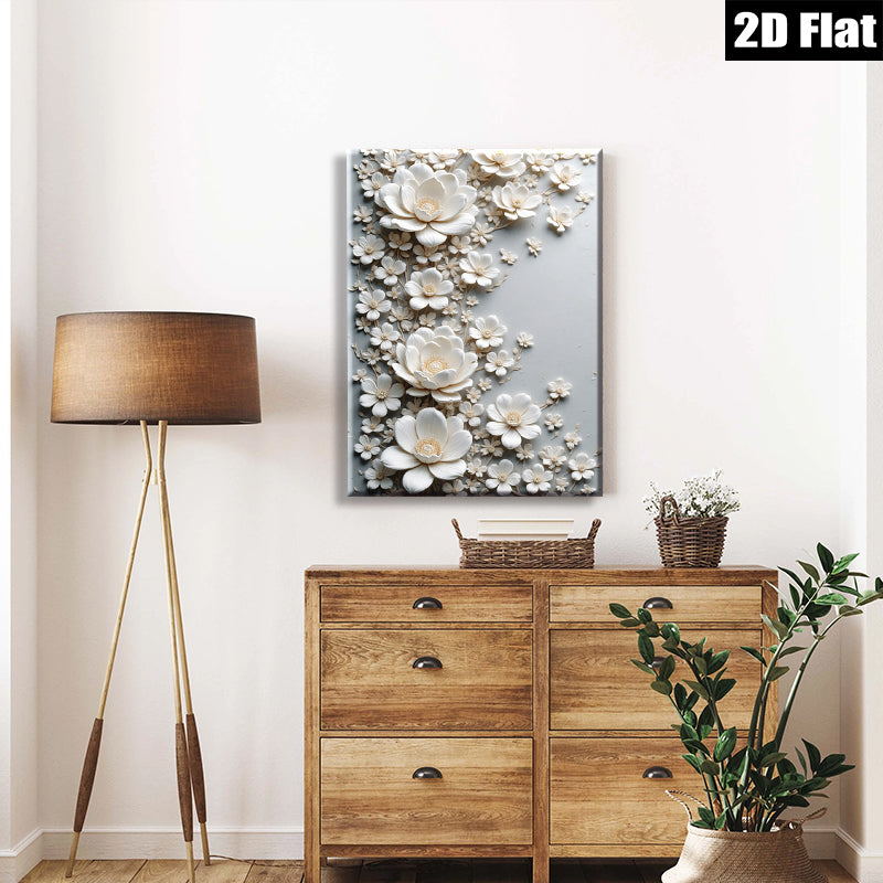 2D flat 1pc Blooming White Floral Wall Art Canvas Picture for Living Room Bedroom Home Decor Modern Farmhouse Style Gallery Wrapped Timeless Elegance