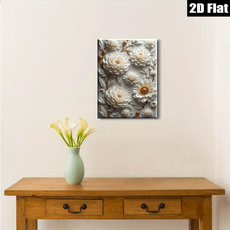 2D flat 1pc Blooming White Floral Wall Art Canvas Prints for Living Room Bedroom Home Decor Farmhouse Style Gallery Wrapped Modern Textured