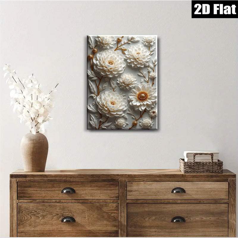 2D flat 1pc Blooming White Floral Wall Art Canvas Prints for Living Room Bedroom Home Decor Farmhouse Style Gallery Wrapped Modern Textured
