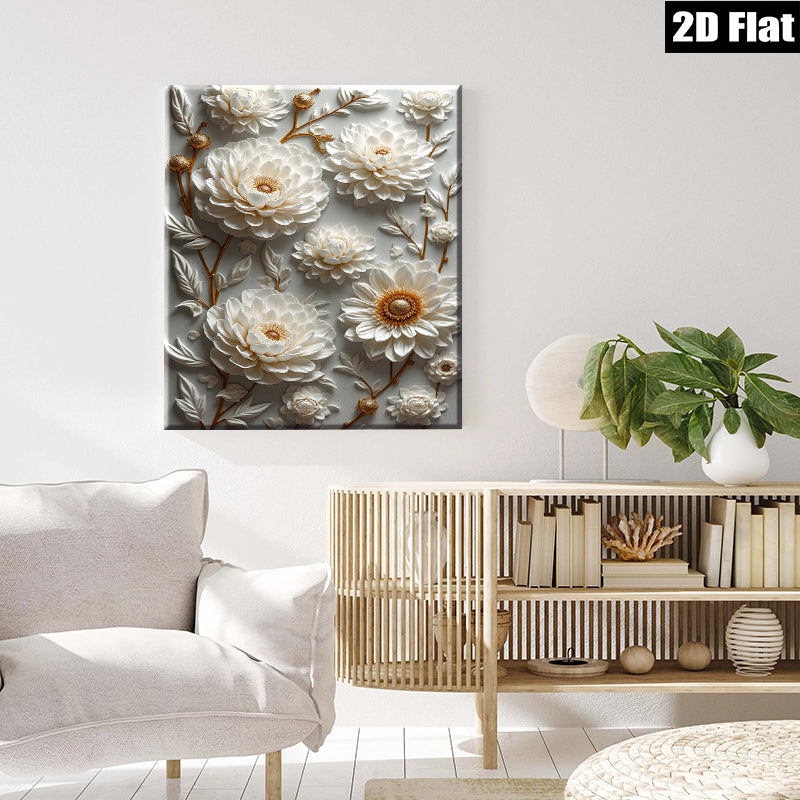 2D flat 1pc Blooming White Floral Wall Art Canvas Prints for Living Room Bedroom Home Decor Farmhouse Style Gallery Wrapped Modern Textured
