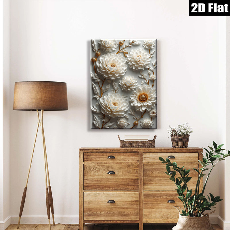 2D flat 1pc Blooming White Floral Wall Art Canvas Prints for Living Room Bedroom Home Decor Farmhouse Style Gallery Wrapped Modern Textured