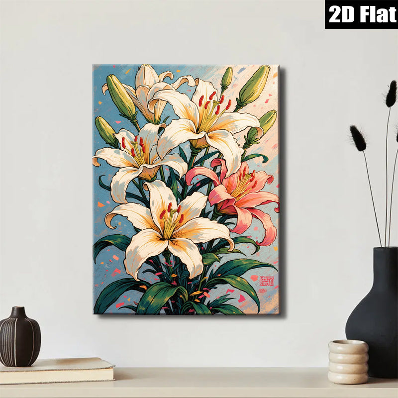2D flat 1pc Blooming White Lilies Floral Wall Art Botanical Print Home Decor Living Room Bedroom Modern Farmhouse Canvas Picture Hanging Ready to Hang