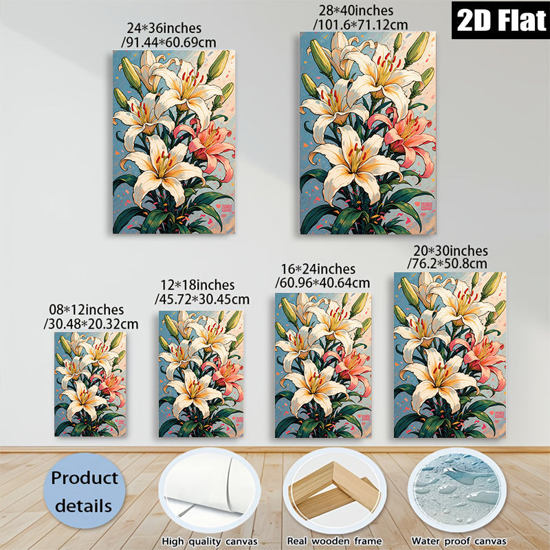 2D flat 1pc Blooming White Lilies Floral Wall Art Botanical Print Home Decor Living Room Bedroom Modern Farmhouse Canvas Picture Hanging Ready to Hang