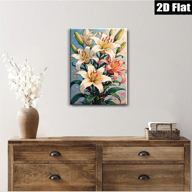 2D flat 1pc Blooming White Lilies Floral Wall Art Botanical Print Home Decor Living Room Bedroom Modern Farmhouse Canvas Picture Hanging Ready to Hang