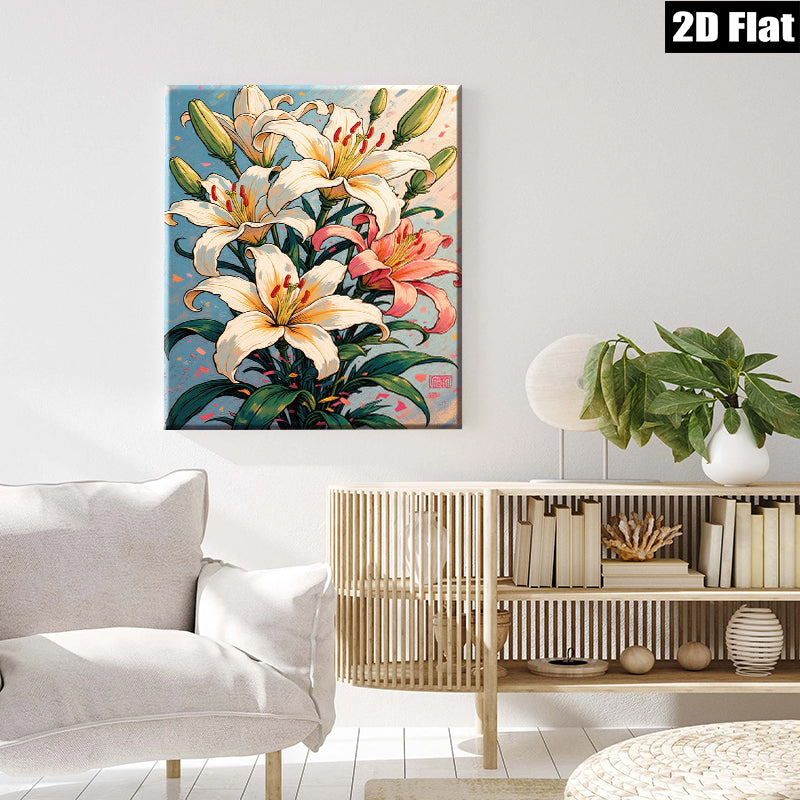 2D flat 1pc Blooming White Lilies Floral Wall Art Botanical Print Home Decor Living Room Bedroom Modern Farmhouse Canvas Picture Hanging Ready to Hang