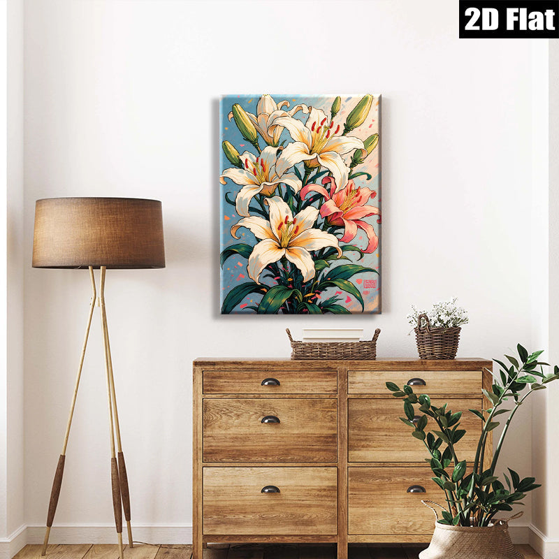 2D flat 1pc Blooming White Lilies Floral Wall Art Botanical Print Home Decor Living Room Bedroom Modern Farmhouse Canvas Picture Hanging Ready to Hang