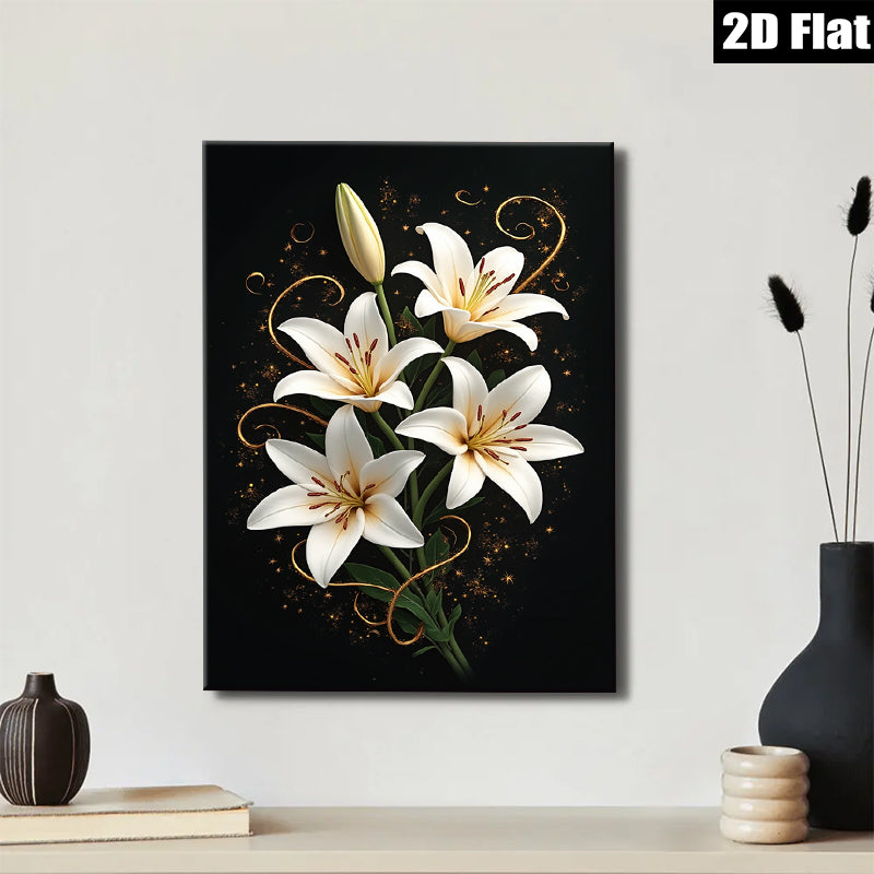 2D flat 1pc Blooming White Lilies Floral Wall Art Living Room Bedroom Home Decor Canvas Prints Modern Farmhouse Style Gallery Wrapped Timeless Elegance