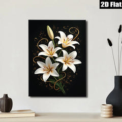 2D flat 1pc Blooming White Lilies Floral Wall Art Living Room Bedroom Home Decor Canvas Prints Modern Farmhouse Style Gallery Wrapped Timeless Elegance