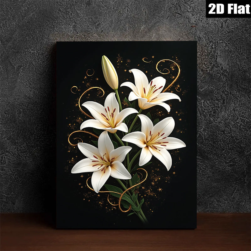 2D flat 1pc Blooming White Lilies Floral Wall Art Living Room Bedroom Home Decor Canvas Prints Modern Farmhouse Style Gallery Wrapped Timeless Elegance